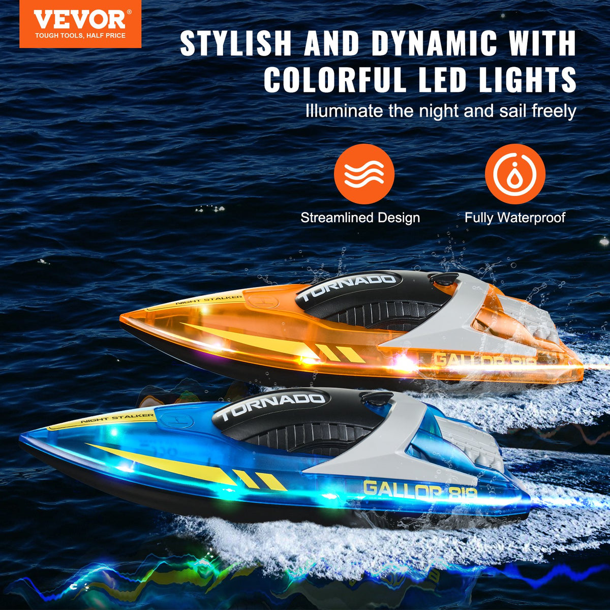 VEVOR RC Racing Boats 2 pcs, 2.4 GHz, 12 km/h, with LED