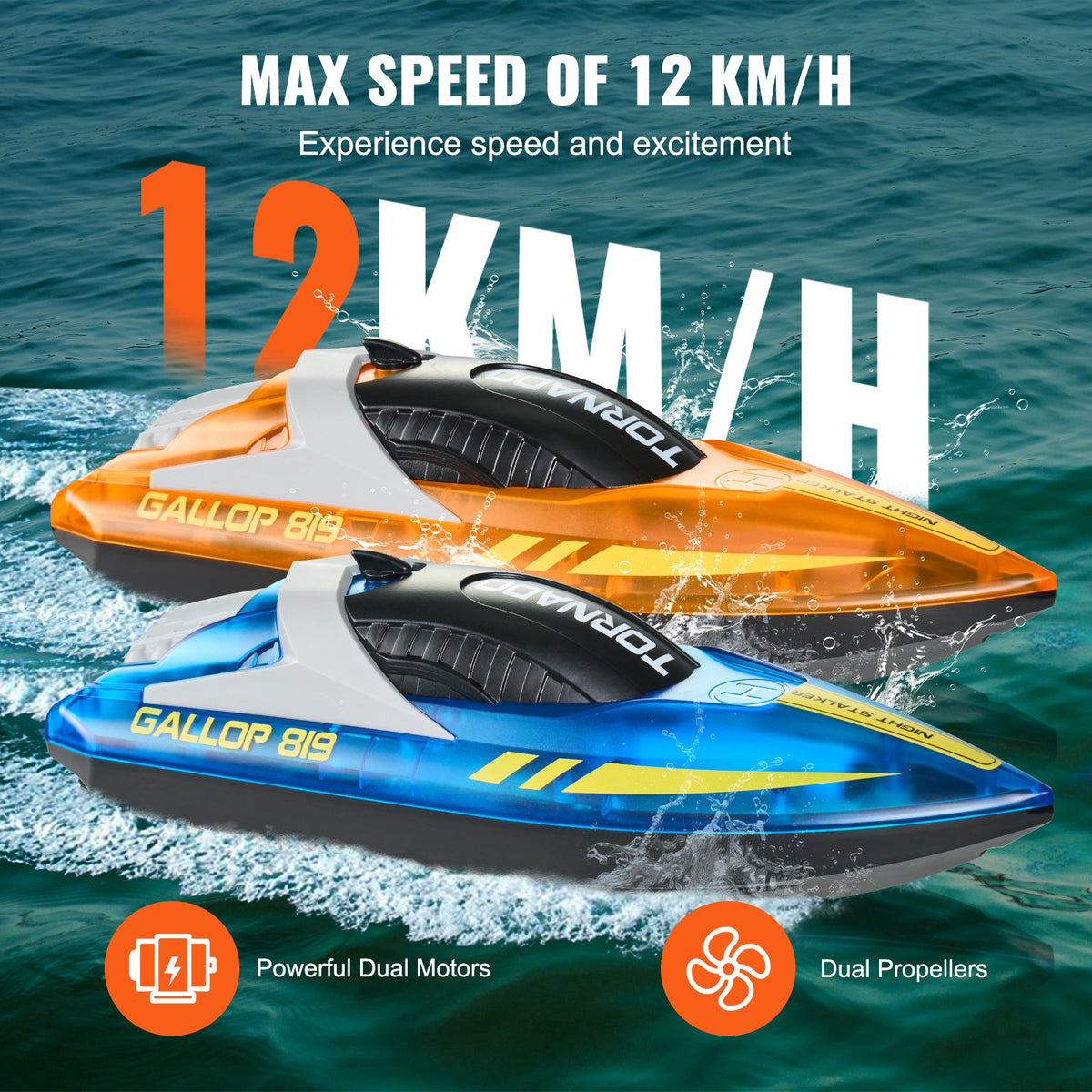 VEVOR RC Racing Boats 2 pcs, 2.4 GHz, 12 km/h, with LED