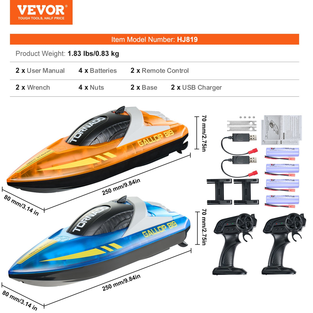 VEVOR RC Racing Boats 2 pcs, 2.4 GHz, 12 km/h, with LED