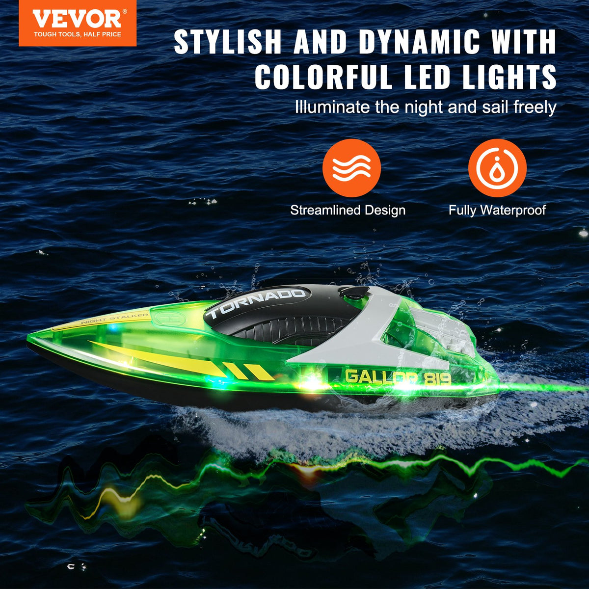 VEVOR RC-võidusõidupaat 2,4 GHz, 12 km/h, LED-iga, roheline