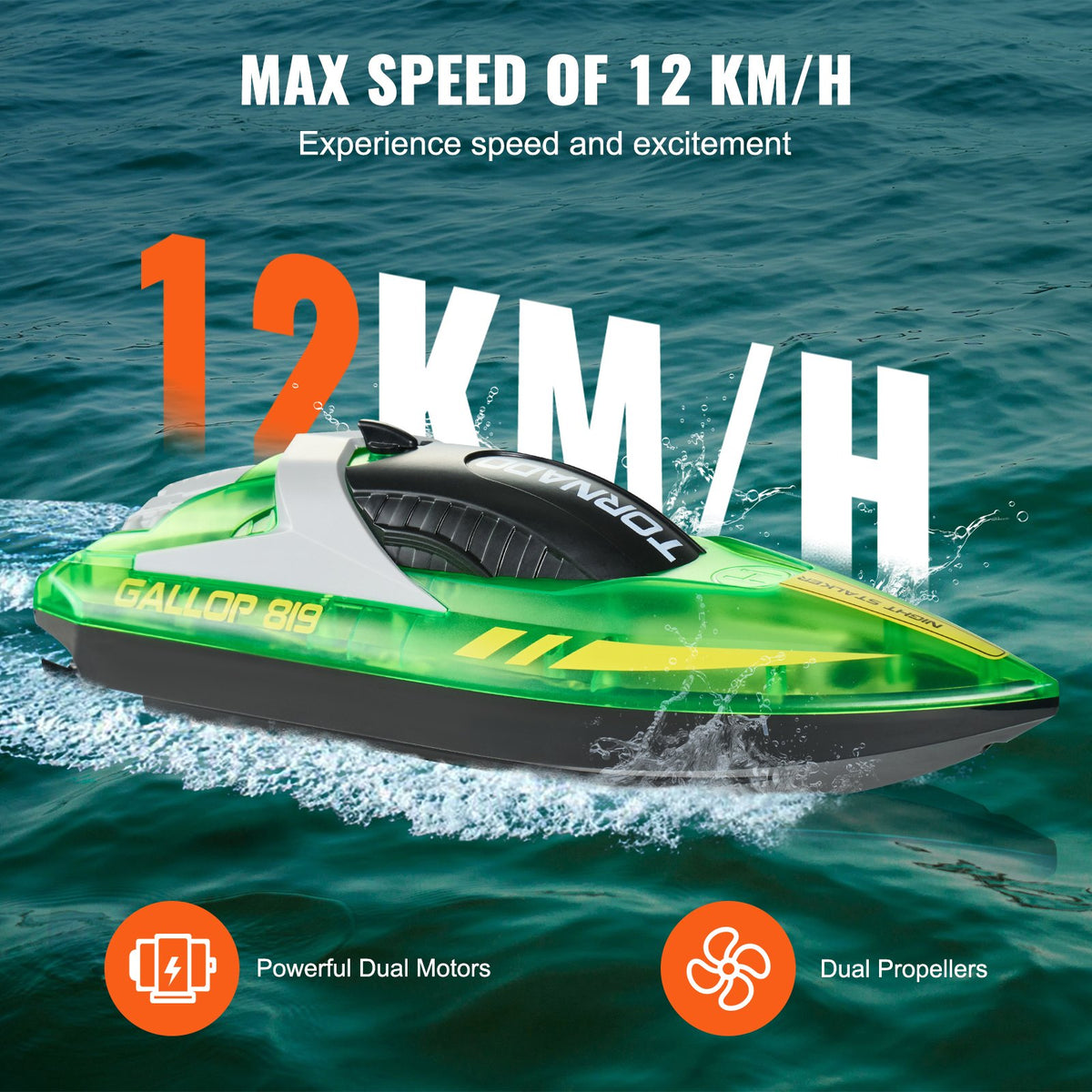 VEVOR RC-võidusõidupaat 2,4 GHz, 12 km/h, LED-iga, roheline