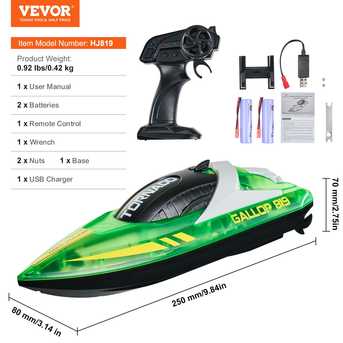 VEVOR RC-võidusõidupaat 2,4 GHz, 12 km/h, LED-iga, roheline