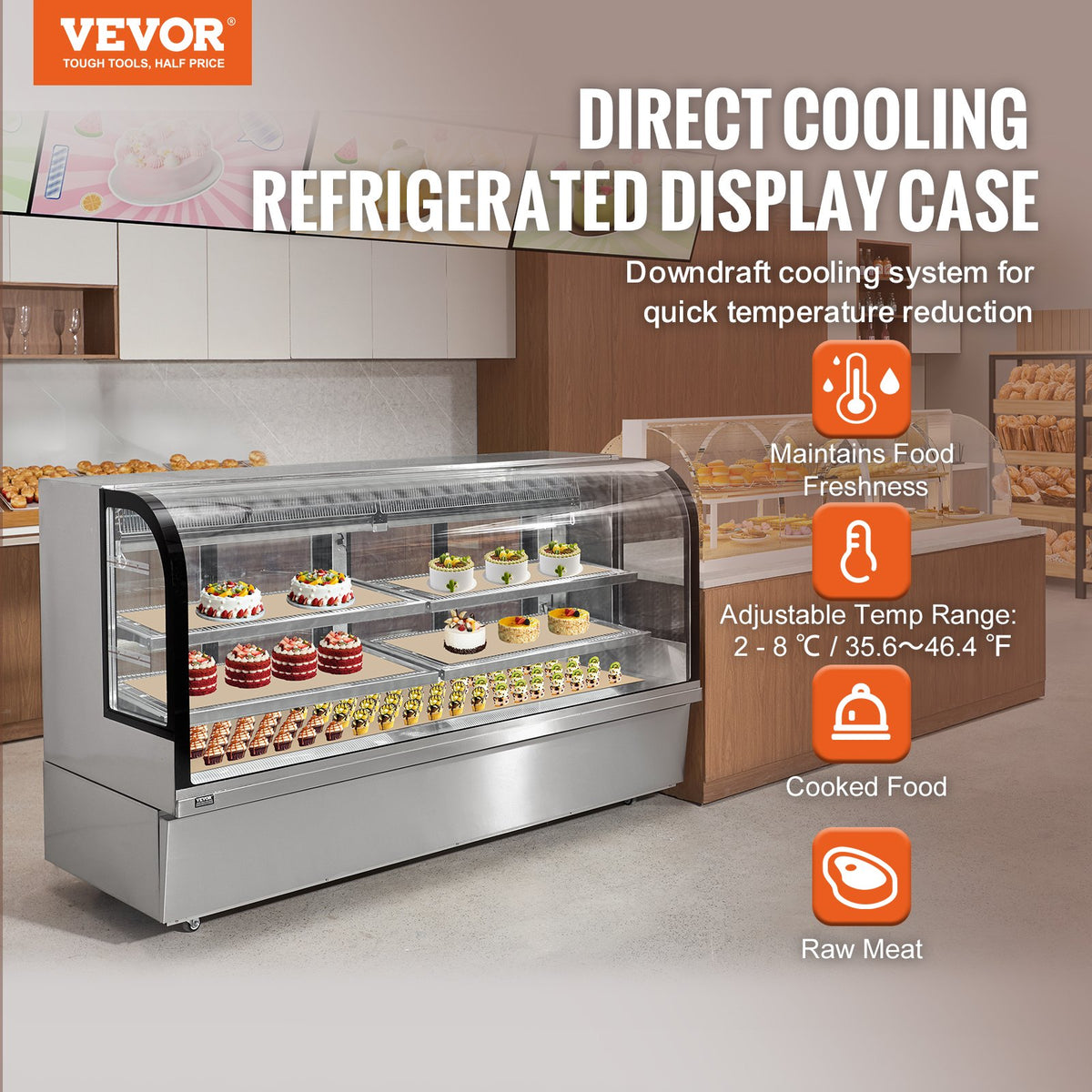 VEVOR Bakery Display Refrigerator 901 L, 4 Shelves, LED Lighting and Wheels
