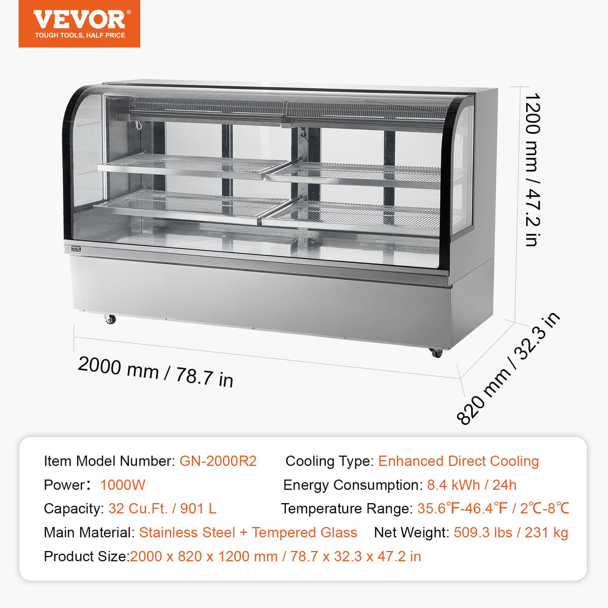 VEVOR Bakery Display Refrigerator 901 L, 4 Shelves, LED Lighting and Wheels