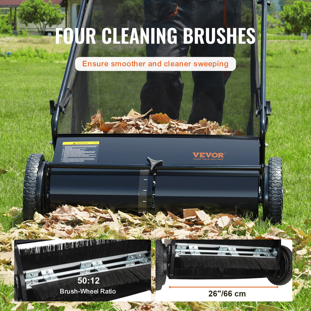 VEVOR Hand Push Lawn Sweeper, 66 cm Leaf and Grass Collector, Durable Rubber Tyres and Thick Steel Construction, Heavy-Duty with Large Capacity 198 L Mesh Collection Bag, 4 Cutting Brushes