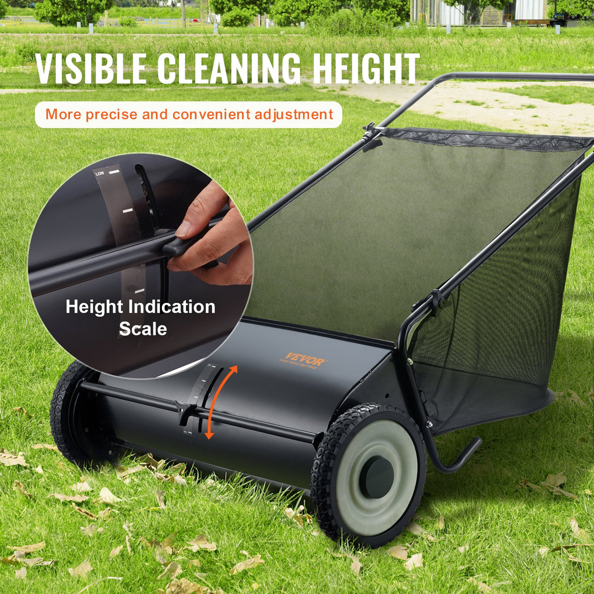 VEVOR Hand Push Lawn Sweeper, 66 cm Leaf and Grass Collector, Durable Rubber Tyres and Thick Steel Construction, Heavy-Duty with Large Capacity 198 L Mesh Collection Bag, 4 Cutting Brushes