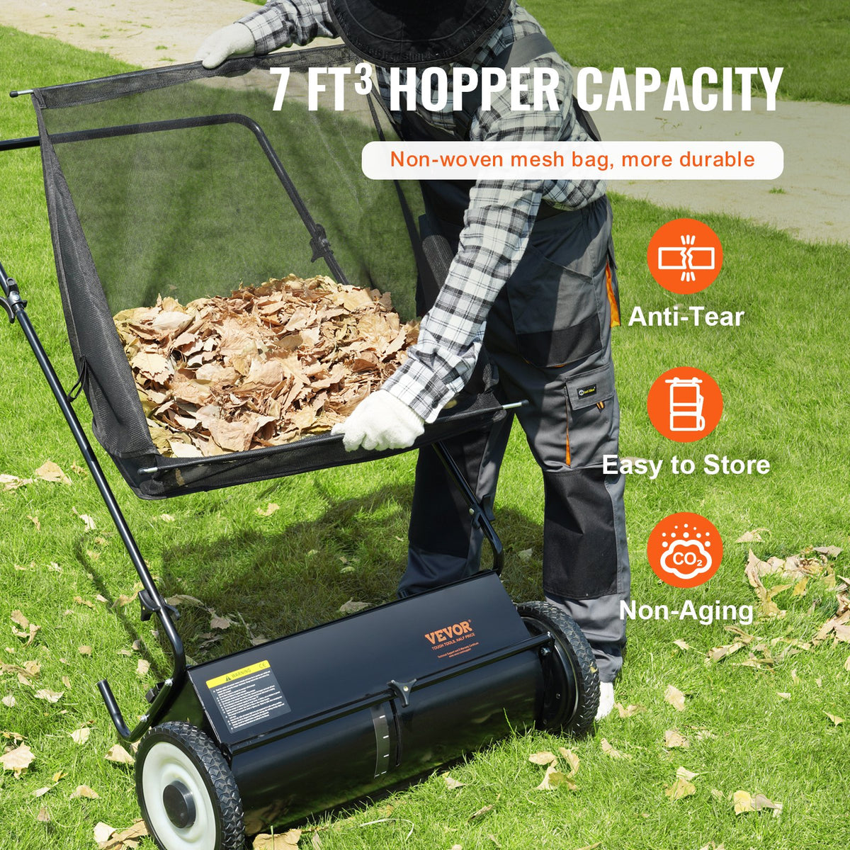 VEVOR Hand Push Lawn Sweeper, 66 cm Leaf and Grass Collector, Durable Rubber Tyres and Thick Steel Construction, Heavy-Duty with Large Capacity 198 L Mesh Collection Bag, 4 Cutting Brushes