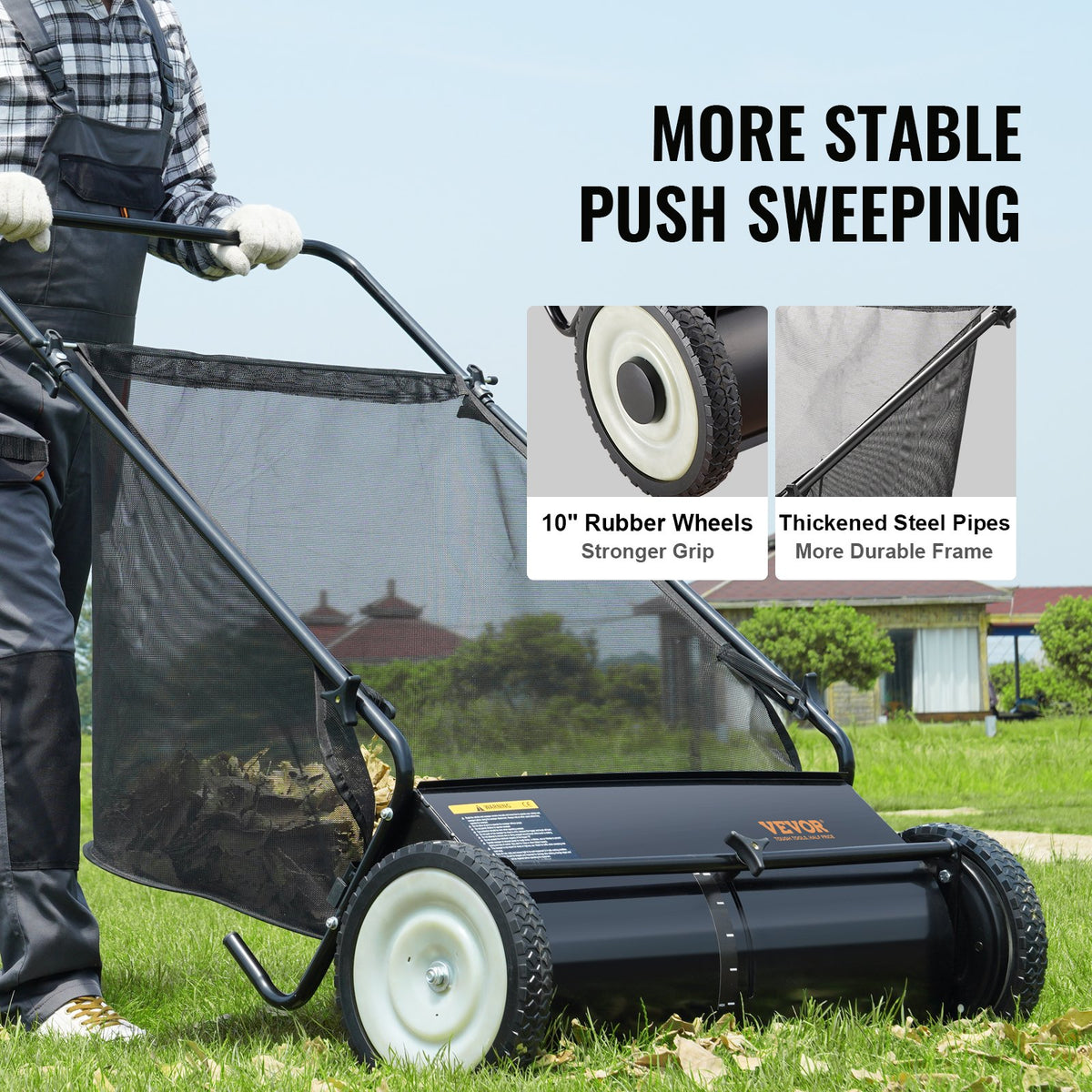 VEVOR Hand Push Lawn Sweeper, 66 cm Leaf and Grass Collector, Durable Rubber Tyres and Thick Steel Construction, Heavy-Duty with Large Capacity 198 L Mesh Collection Bag, 4 Cutting Brushes