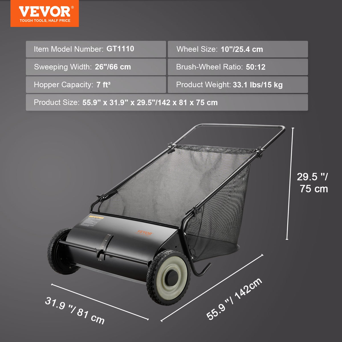 VEVOR Hand Push Lawn Sweeper, 66 cm Leaf and Grass Collector, Durable Rubber Tyres and Thick Steel Construction, Heavy-Duty with Large Capacity 198 L Mesh Collection Bag, 4 Cutting Brushes