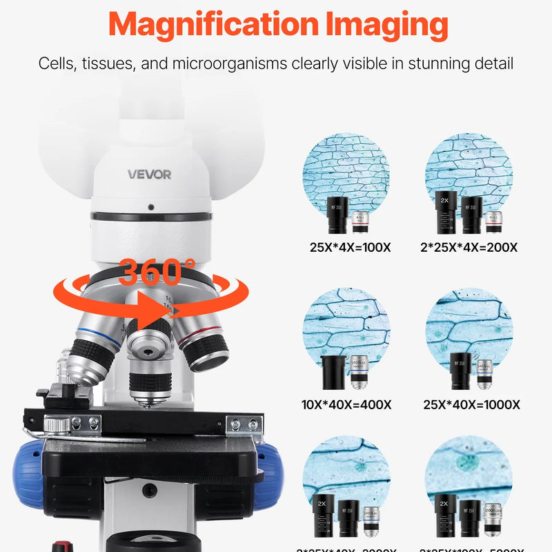 VEVOR trīnokulārais mikroskops pieaugušajiem, profesionāls saliktais mikroskopa komplekts ar 40-5000× palielinājumu, alumīnija sakausējuma korpusu, LED apgaismojumu un tālruņa turētāju, piemērots laboratorijām, skolām un izglītībai mājās