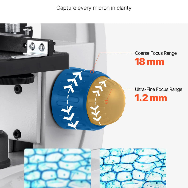 VEVOR trīnokulārais mikroskops pieaugušajiem, profesionāls saliktais mikroskopa komplekts ar 40-5000× palielinājumu, alumīnija sakausējuma korpusu, LED apgaismojumu un tālruņa turētāju, piemērots laboratorijām, skolām un izglītībai mājās
