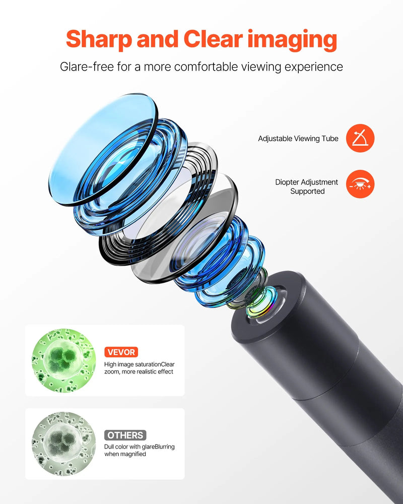 VEVOR trīnokulārais mikroskops pieaugušajiem, profesionāls saliktais mikroskopa komplekts ar 40-5000× palielinājumu, alumīnija sakausējuma korpusu, LED apgaismojumu un tālruņa turētāju, piemērots laboratorijām, skolām un izglītībai mājās