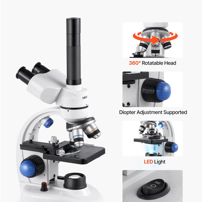 VEVOR trīnokulārais mikroskops pieaugušajiem, profesionāls saliktais mikroskopa komplekts ar 40-5000× palielinājumu, alumīnija sakausējuma korpusu, LED apgaismojumu un tālruņa turētāju, piemērots laboratorijām, skolām un izglītībai mājās