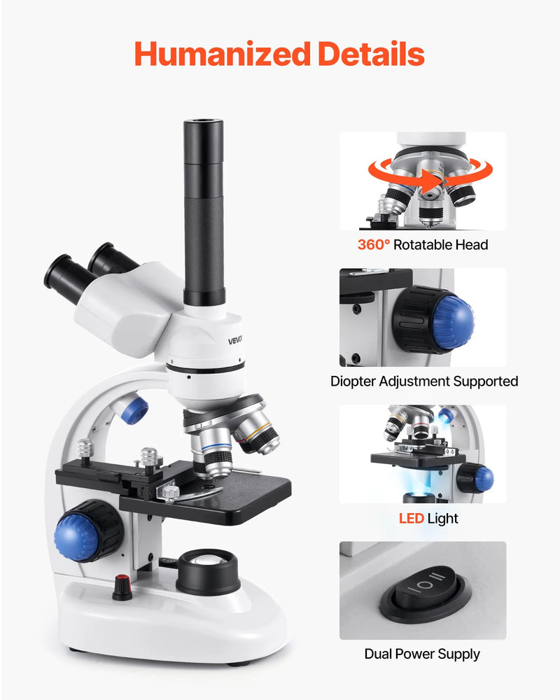 VEVOR trīnokulārais mikroskops pieaugušajiem, profesionāls saliktais mikroskopa komplekts ar 40-5000× palielinājumu, alumīnija sakausējuma korpusu, LED apgaismojumu un tālruņa turētāju, piemērots laboratorijām, skolām un izglītībai mājās