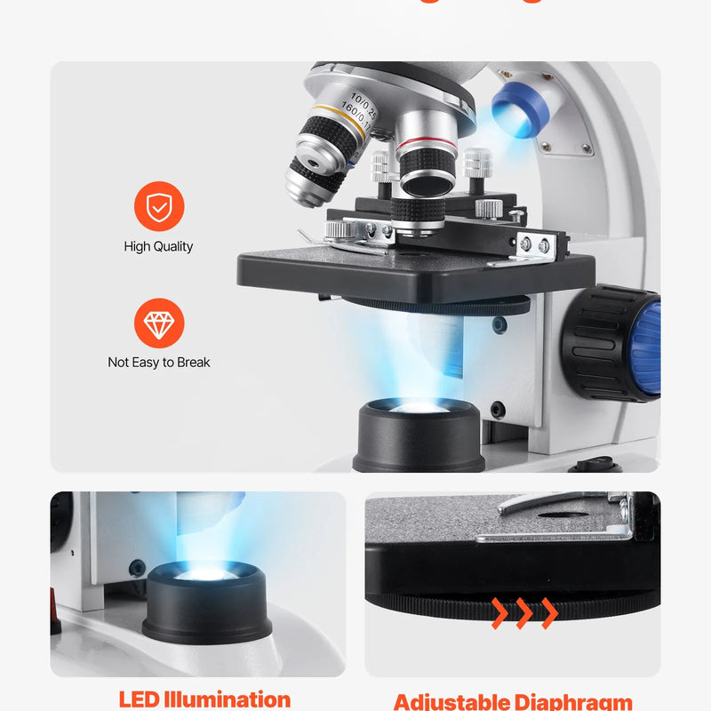 VEVOR trīnokulārais mikroskops pieaugušajiem, profesionāls saliktais mikroskopa komplekts ar 40-5000× palielinājumu, alumīnija sakausējuma korpusu, LED apgaismojumu un tālruņa turētāju, piemērots laboratorijām, skolām un izglītībai mājās