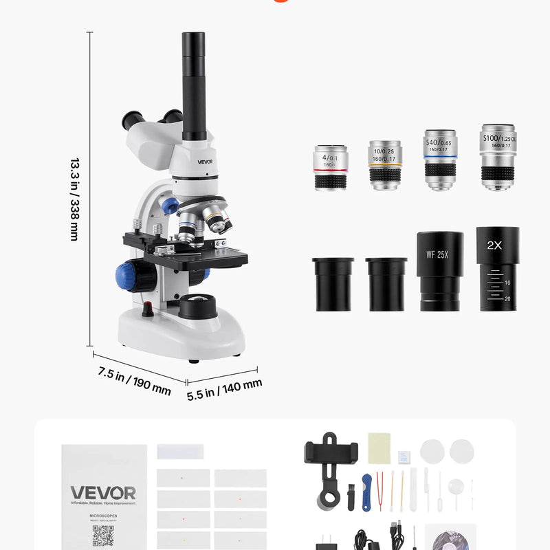 VEVOR trīnokulārais mikroskops pieaugušajiem, profesionāls saliktais mikroskopa komplekts ar 40-5000× palielinājumu, alumīnija sakausējuma korpusu, LED apgaismojumu un tālruņa turētāju, piemērots laboratorijām, skolām un izglītībai mājās