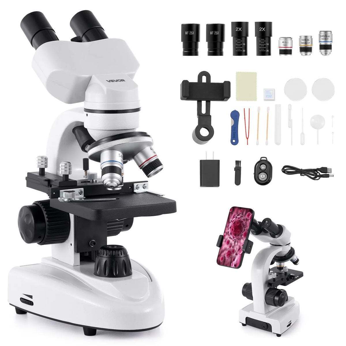 VEVOR Binocular Microscope for Adults with 40–2000× Magnification, Professional Compound Microscope Kit with LED Illumination and Phone Holder, Aluminium Alloy Body, Suitable for Laboratories, Schools and Home Use