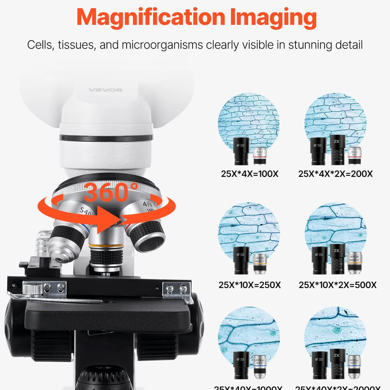 VEVOR binokulārais mikroskops pieaugušajiem ar 40-2000× palielinājumu, profesionāls kompozītmikroskopa komplekts ar LED apgaismojumu un tālruņa turētāju, alumīnija sakausējuma korpuss, piemērots laboratorijām, skolām un mājas lietošanai