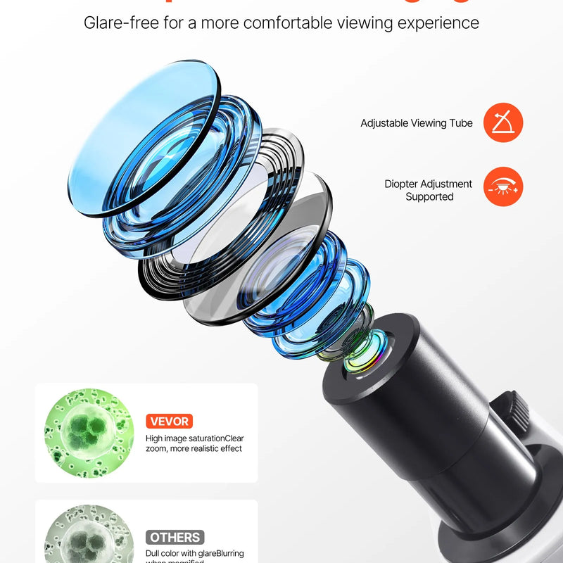 VEVOR binokulārais mikroskops pieaugušajiem ar 40-2000× palielinājumu, profesionāls kompozītmikroskopa komplekts ar LED apgaismojumu un tālruņa turētāju, alumīnija sakausējuma korpuss, piemērots laboratorijām, skolām un mājas lietošanai