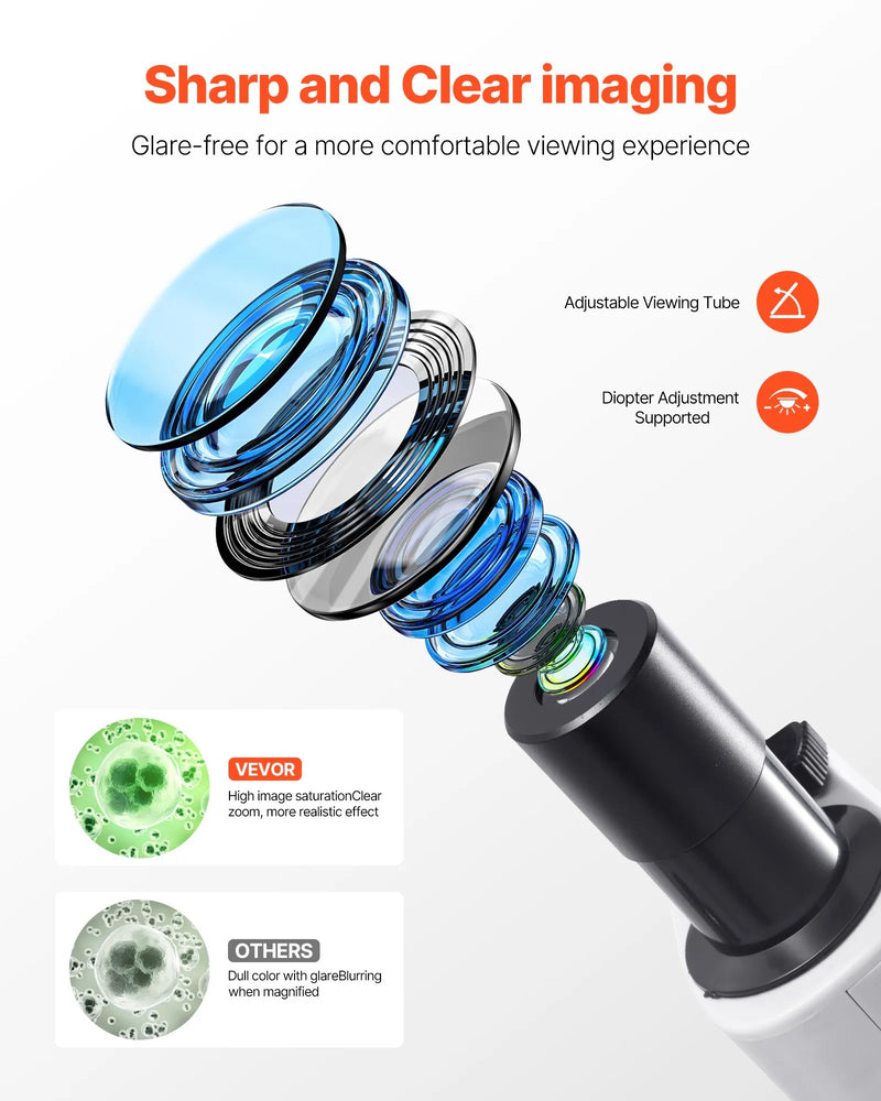 VEVOR binokulārais mikroskops pieaugušajiem ar 40-2000× palielinājumu, profesionāls kompozītmikroskopa komplekts ar LED apgaismojumu un tālruņa turētāju, alumīnija sakausējuma korpuss, piemērots laboratorijām, skolām un mājas lietošanai