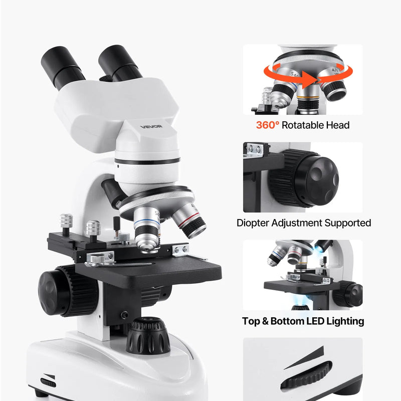 VEVOR binokulārais mikroskops pieaugušajiem ar 40-2000× palielinājumu, profesionāls kompozītmikroskopa komplekts ar LED apgaismojumu un tālruņa turētāju, alumīnija sakausējuma korpuss, piemērots laboratorijām, skolām un mājas lietošanai