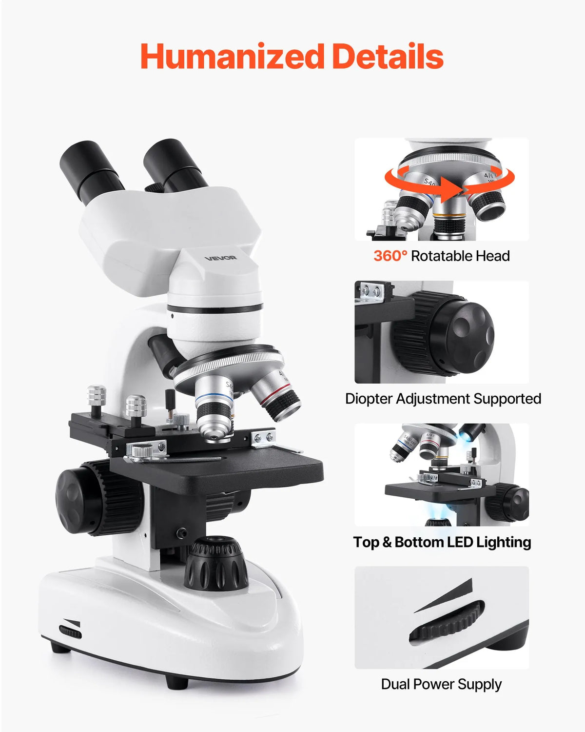 VEVOR Binocular Microscope for Adults with 40–2000× Magnification, Professional Compound Microscope Kit with LED Illumination and Phone Holder, Aluminium Alloy Body, Suitable for Laboratories, Schools and Home Use