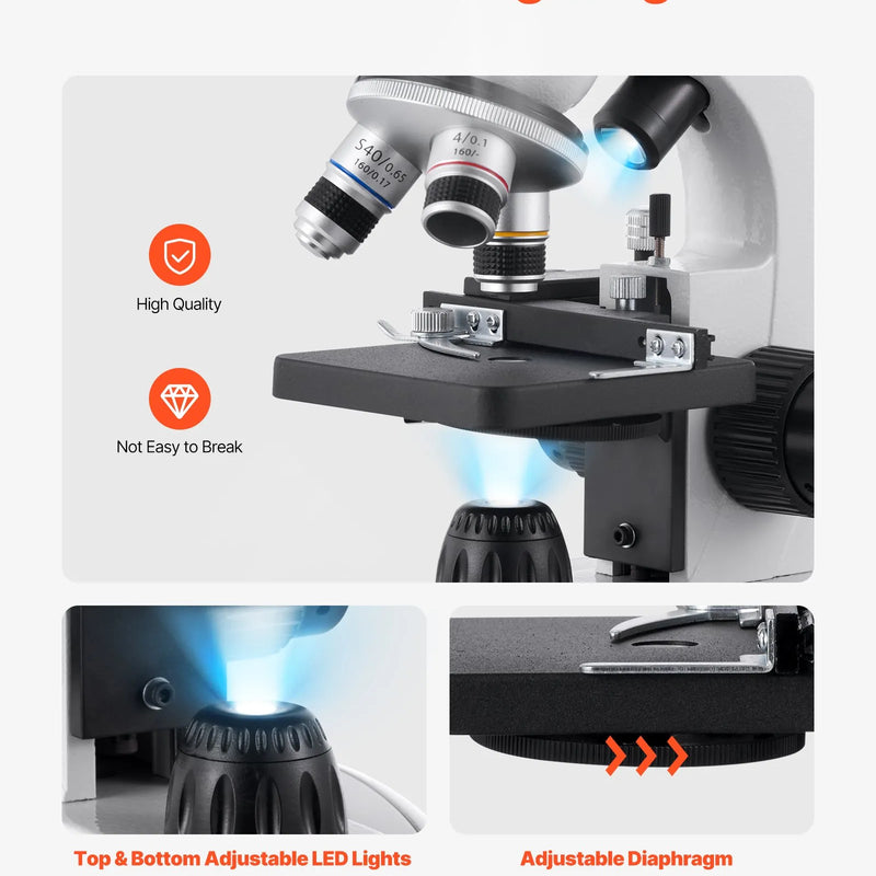 VEVOR binokulārais mikroskops pieaugušajiem ar 40-2000× palielinājumu, profesionāls kompozītmikroskopa komplekts ar LED apgaismojumu un tālruņa turētāju, alumīnija sakausējuma korpuss, piemērots laboratorijām, skolām un mājas lietošanai