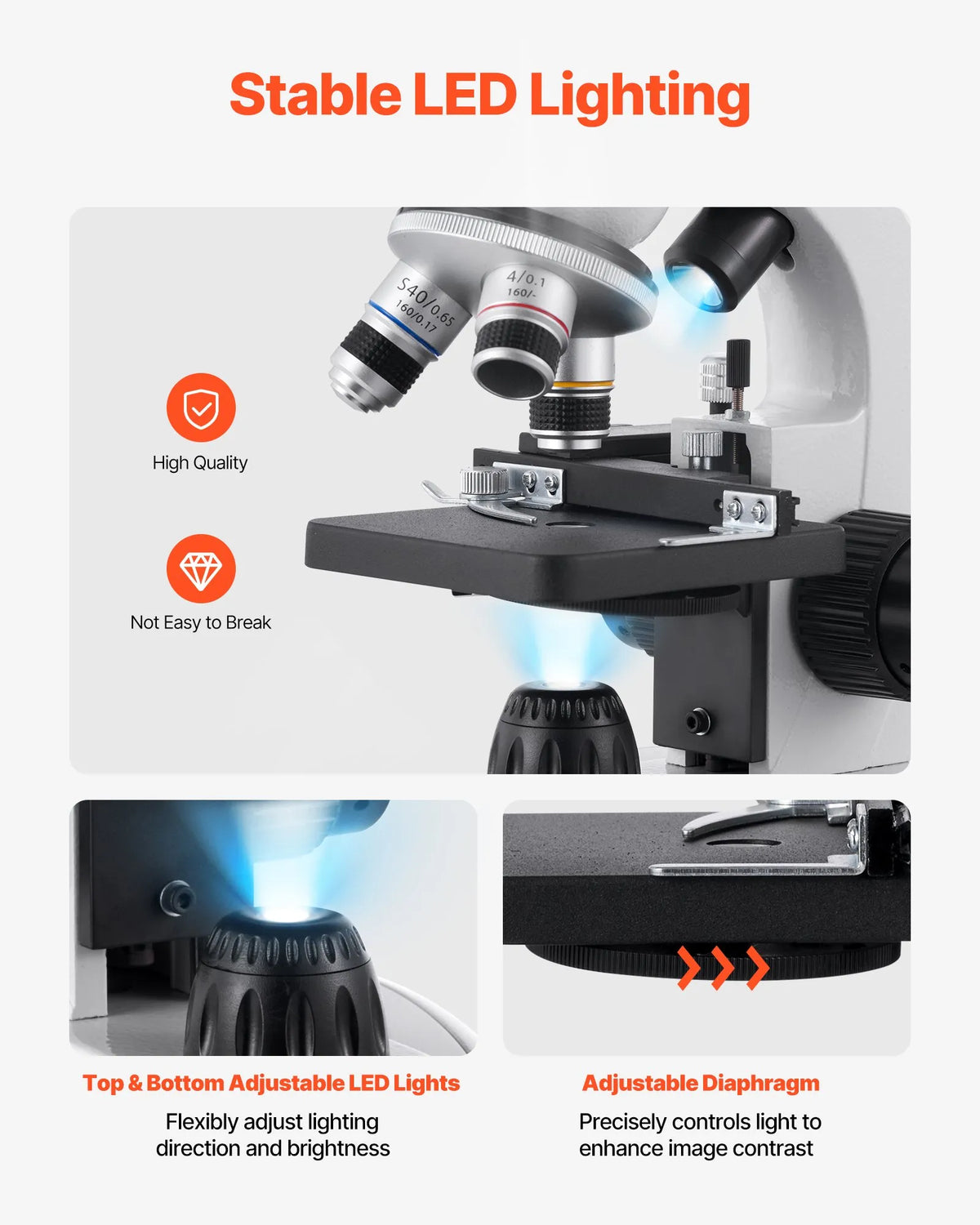 VEVOR Binocular Microscope for Adults with 40–2000× Magnification, Professional Compound Microscope Kit with LED Illumination and Phone Holder, Aluminium Alloy Body, Suitable for Laboratories, Schools and Home Use