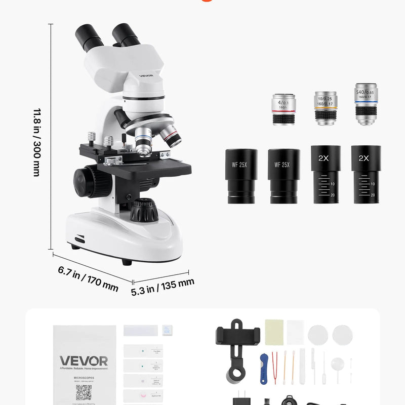 VEVOR binokulārais mikroskops pieaugušajiem ar 40-2000× palielinājumu, profesionāls kompozītmikroskopa komplekts ar LED apgaismojumu un tālruņa turētāju, alumīnija sakausējuma korpuss, piemērots laboratorijām, skolām un mājas lietošanai