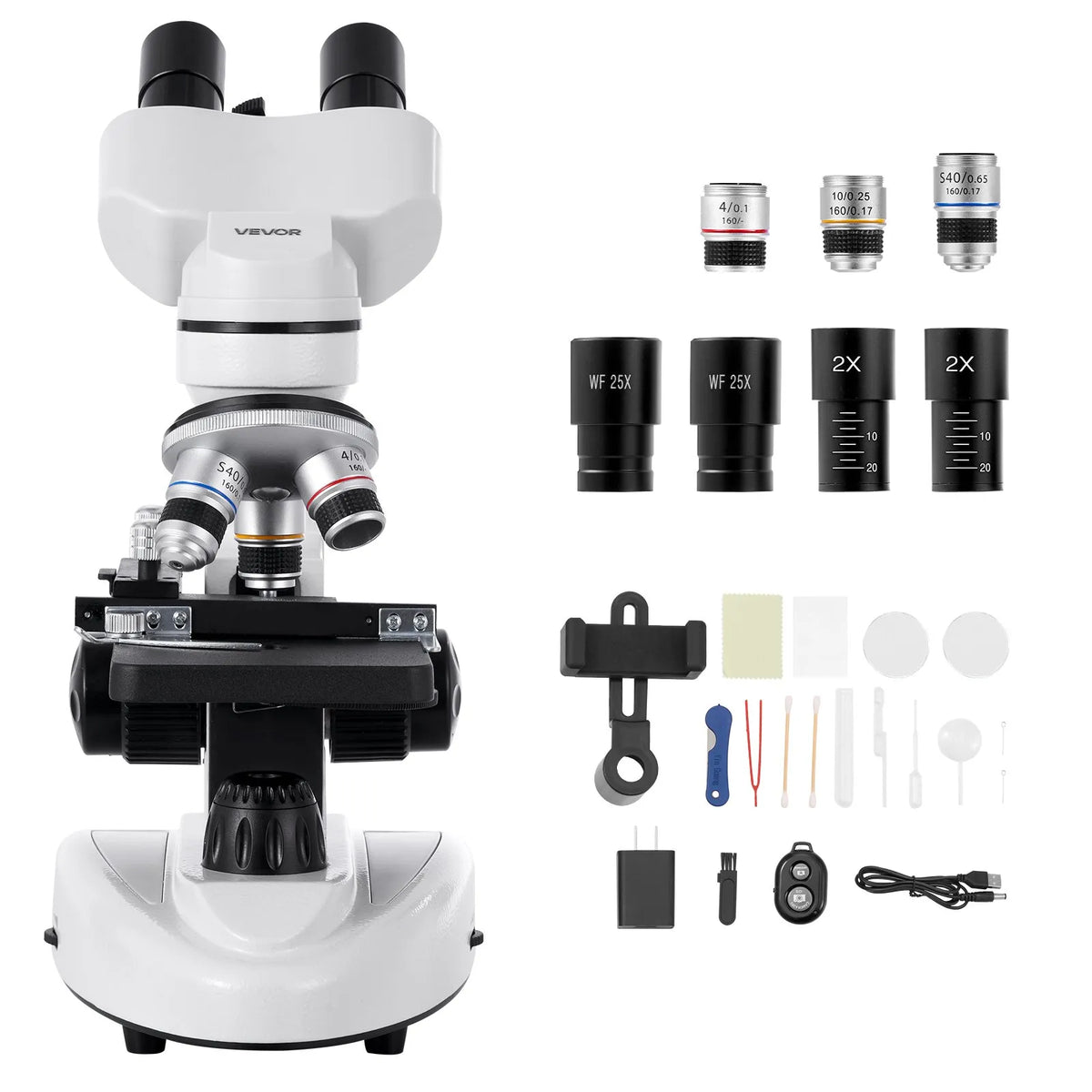 VEVOR Binocular Microscope for Adults with 40–2000× Magnification, Professional Compound Microscope Kit with LED Illumination and Phone Holder, Aluminium Alloy Body, Suitable for Laboratories, Schools and Home Use