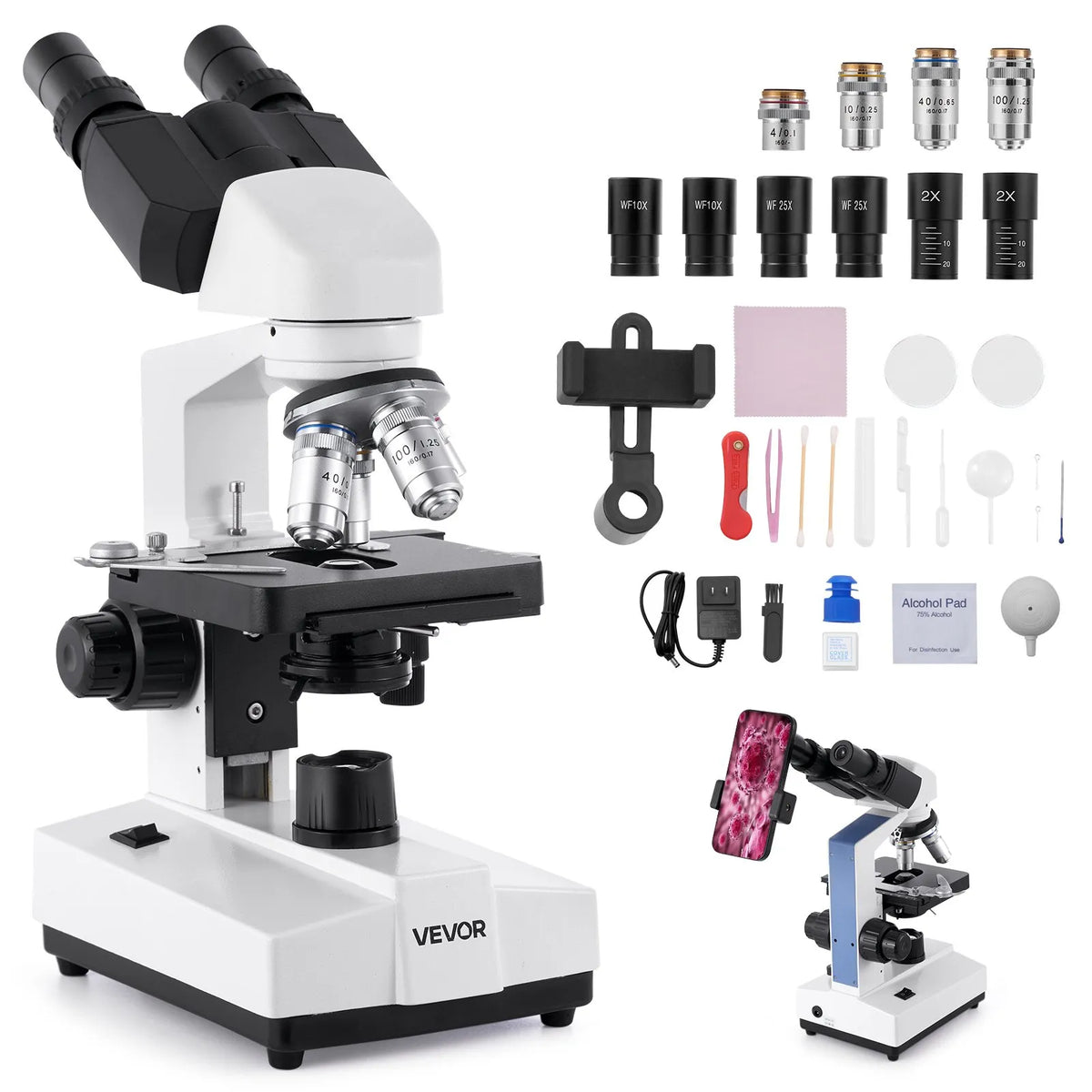 VEVOR Binocular Microscope for Adults, Professional Compound Microscope Kit with 40–5000× Magnification, Dual-Layer Specimen Stage and Dual Eyepiece Sets, Aluminium Alloy Body, LED Illumination and Phone Holder