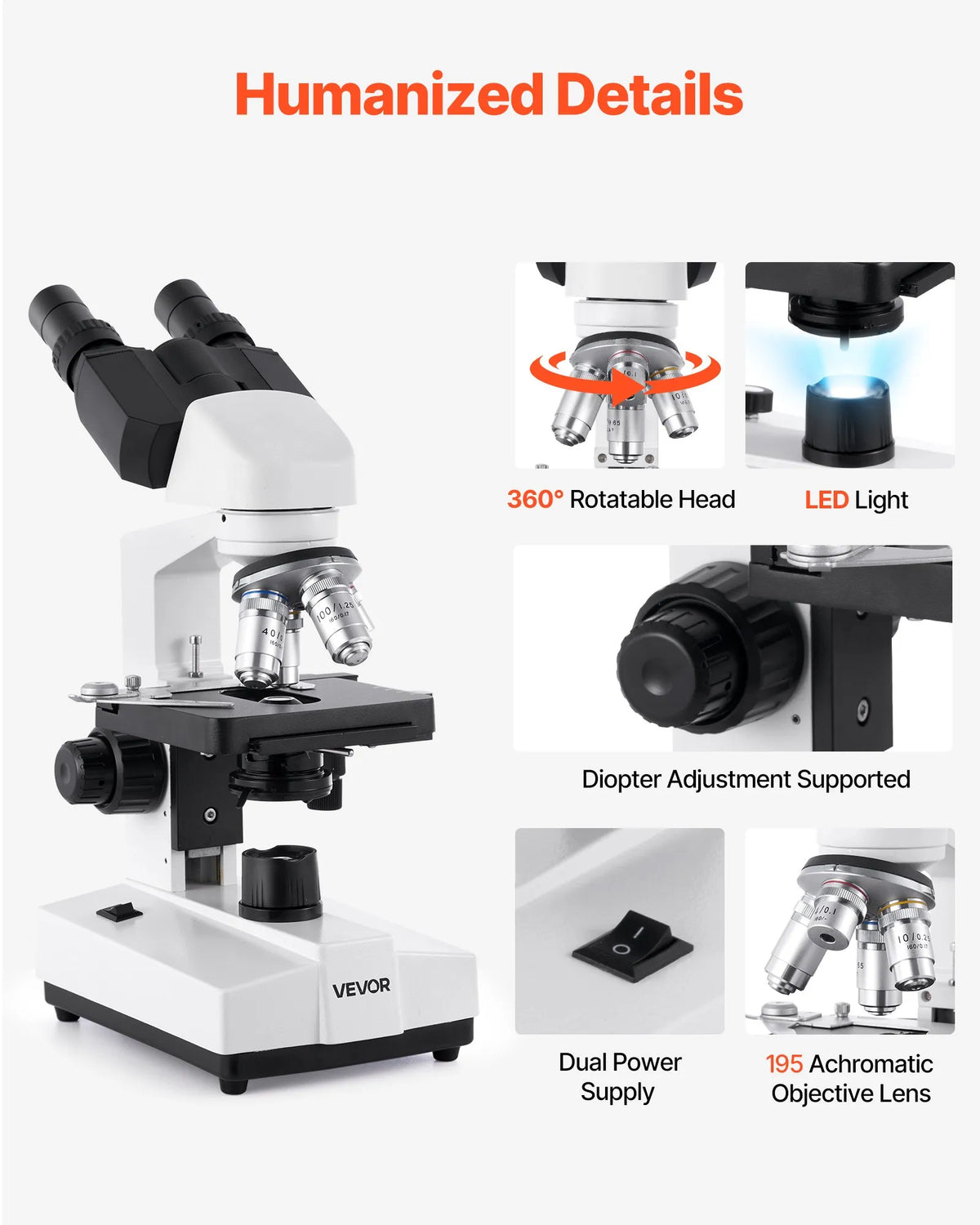 VEVOR Binocular Microscope for Adults, Professional Compound Microscope Kit with 40–5000× Magnification, Dual-Layer Specimen Stage and Dual Eyepiece Sets, Aluminium Alloy Body, LED Illumination and Phone Holder