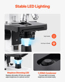 VEVOR binokulārais mikroskops pieaugušajiem, profesionāls saliktais mikroskopa komplekts ar 40–5000× palielinājumu, divslāņu paraugu galdu un diviem okulāru komplektiem, alumīnija sakausējuma korpusu, LED apgaismojumu un tālruņa turētāju