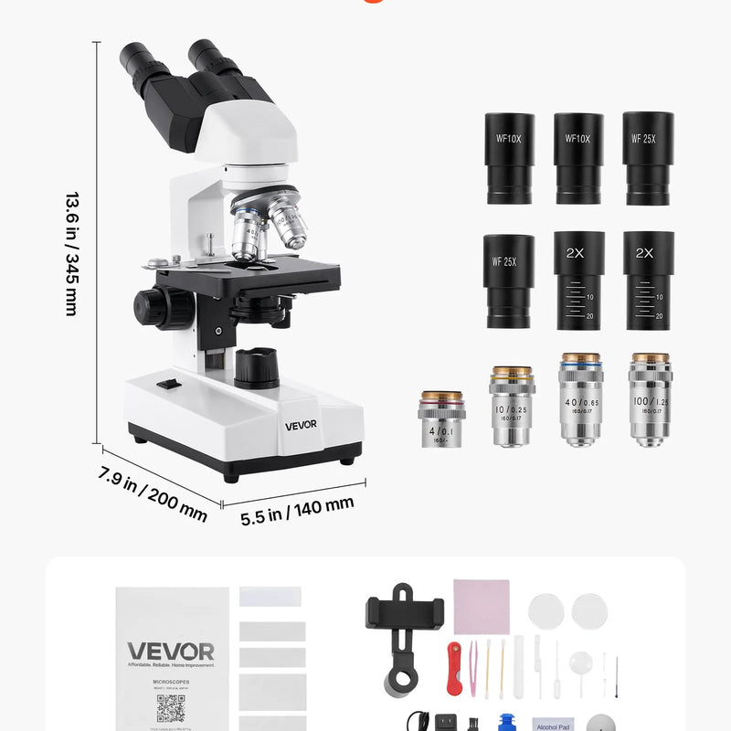 VEVOR binokulārais mikroskops pieaugušajiem, profesionāls saliktais mikroskopa komplekts ar 40–5000× palielinājumu, divslāņu paraugu galdu un diviem okulāru komplektiem, alumīnija sakausējuma korpusu, LED apgaismojumu un tālruņa turētāju