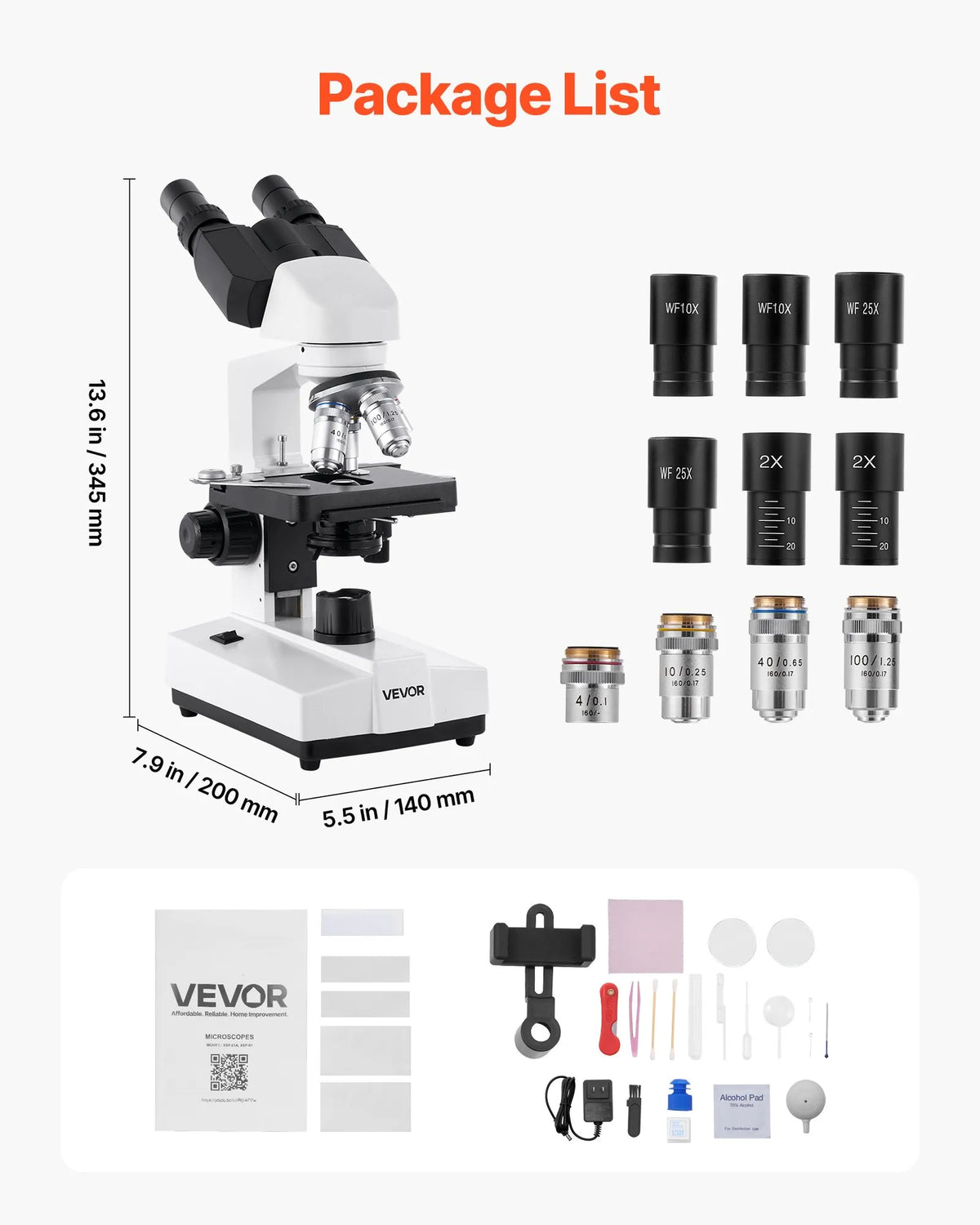 VEVOR Binocular Microscope for Adults, Professional Compound Microscope Kit with 40–5000× Magnification, Dual-Layer Specimen Stage and Dual Eyepiece Sets, Aluminium Alloy Body, LED Illumination and Phone Holder