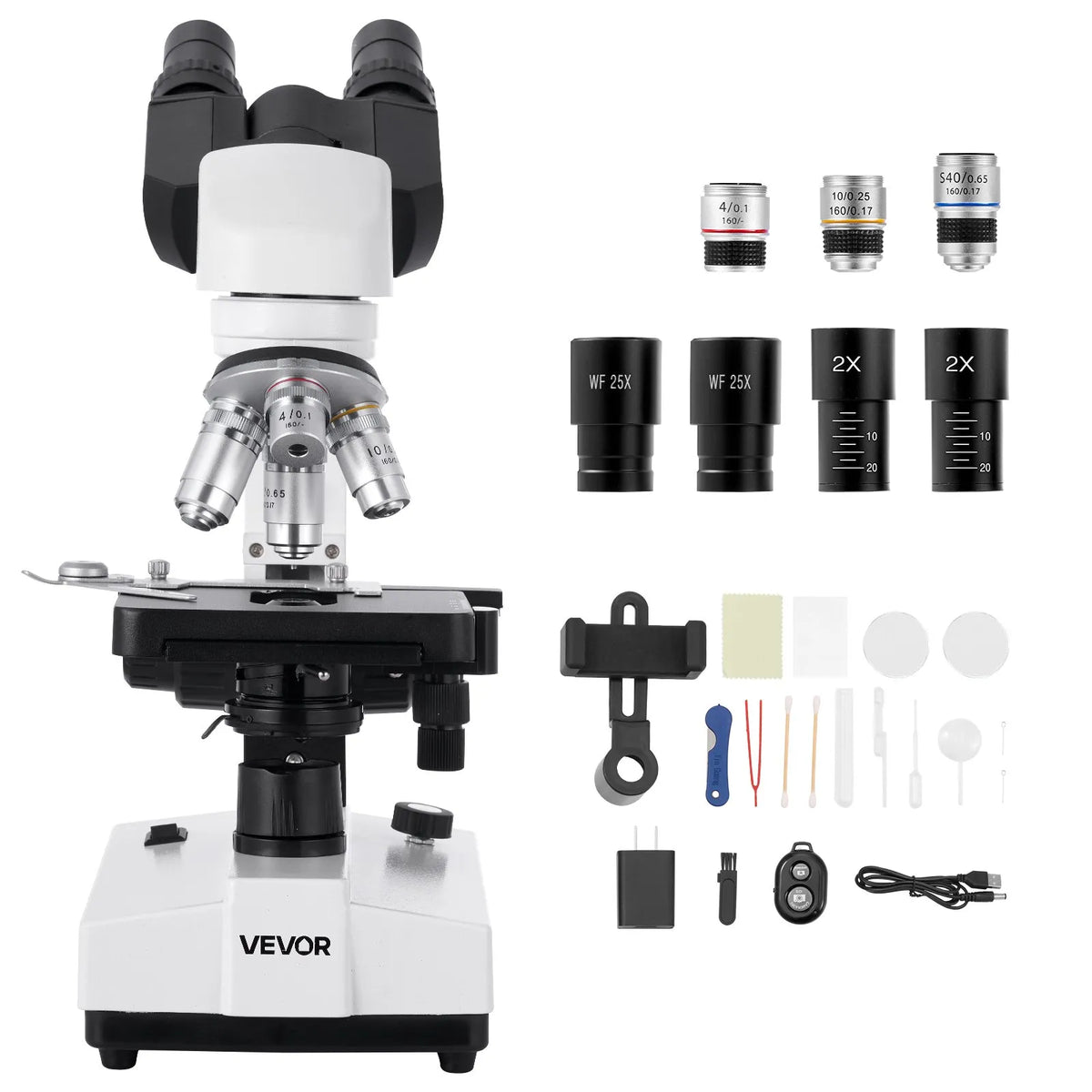 VEVOR Binocular Microscope for Adults, Professional Compound Microscope Kit with 40–5000× Magnification, Dual-Layer Specimen Stage and Dual Eyepiece Sets, Aluminium Alloy Body, LED Illumination and Phone Holder