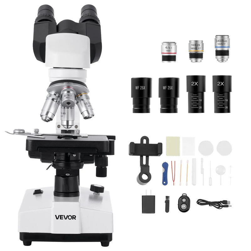 VEVOR binokulārais mikroskops pieaugušajiem, profesionāls saliktais mikroskopa komplekts ar 40–5000× palielinājumu, divslāņu paraugu galdu un diviem okulāru komplektiem, alumīnija sakausējuma korpusu, LED apgaismojumu un tālruņa turētāju