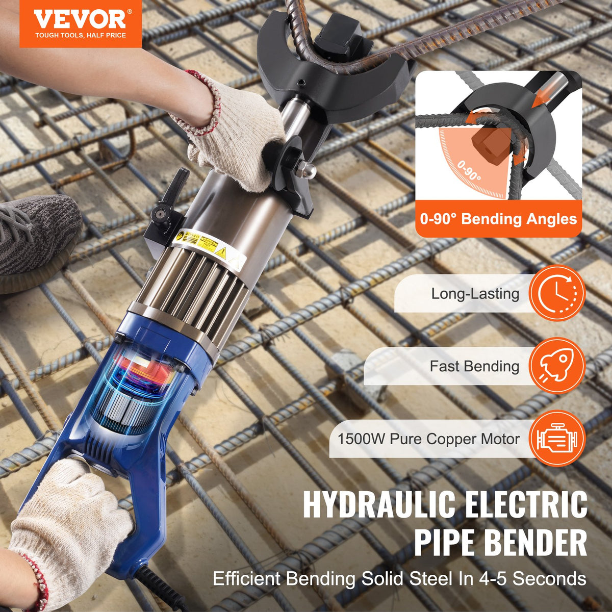 VEVOR 1500W Electric Hydraulic Rebar Bender – Bending up to 12-22mm (