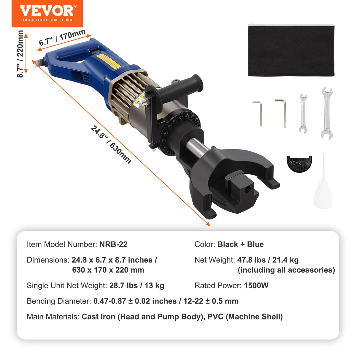 VEVOR 1500W Electric Hydraulic Rebar Bender – Bending up to 12-22mm (