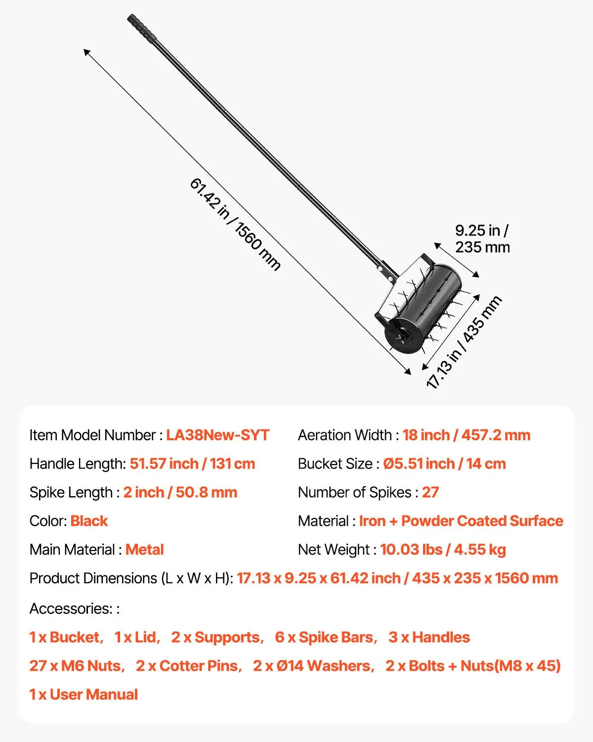 Аэраторы Zāliena ar rullīti, 46 см, manuāls, smags, melns