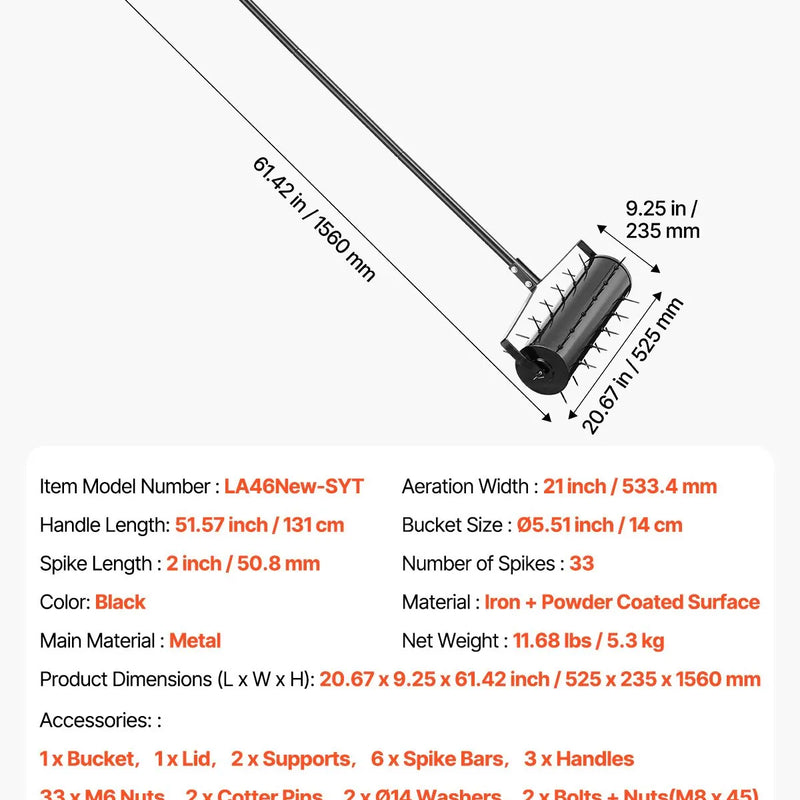 Zāliena aerators ar rullīti, 53 cm, manuāls, smags, melns