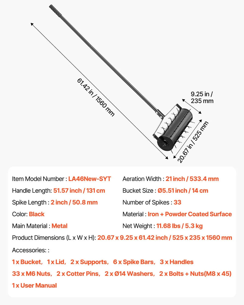 Zāliena aerators ar rullīti, 53 cm, manuāls, smags, melns