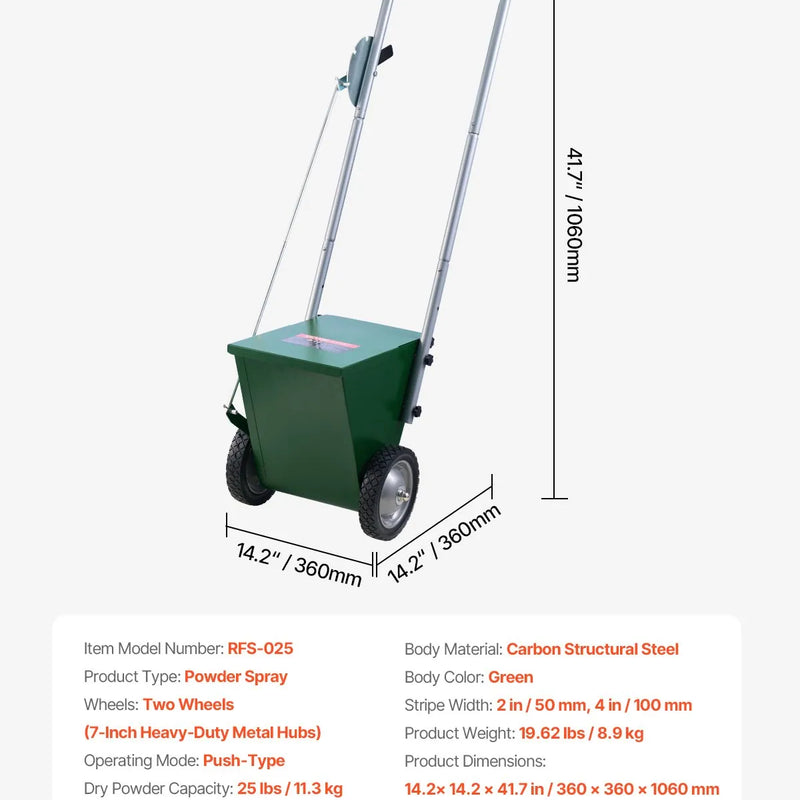 Sausās līnijas marķieris ar 2 riteņiem, 5,1 vai 10,2 cm līnijām, izturīgs tērauda krīta izkliedētājs 11,3 kg