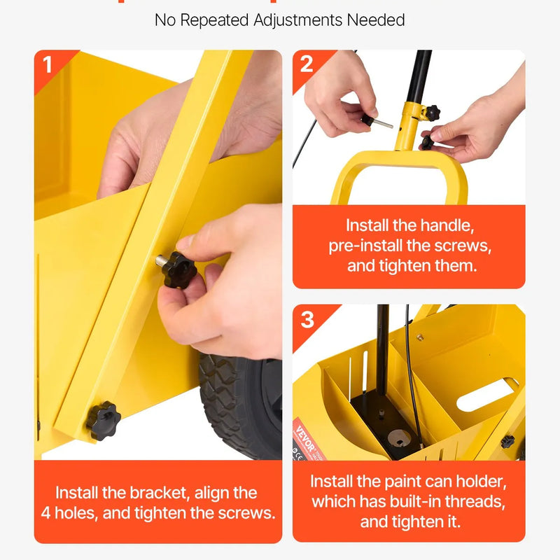 Līniju marķēšanas ratiņi 610 × 330 × 900 mm, regulējams līnijas platums, dzelteni