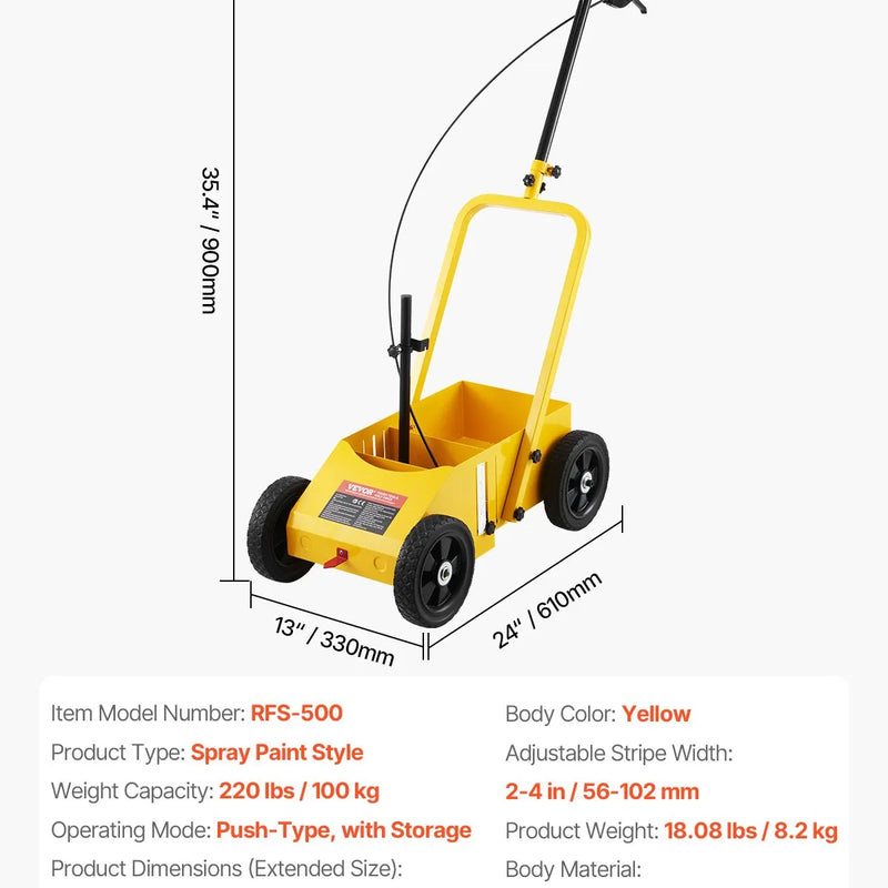 Līniju marķēšanas ratiņi 610 × 330 × 900 mm, regulējams līnijas platums, dzelteni