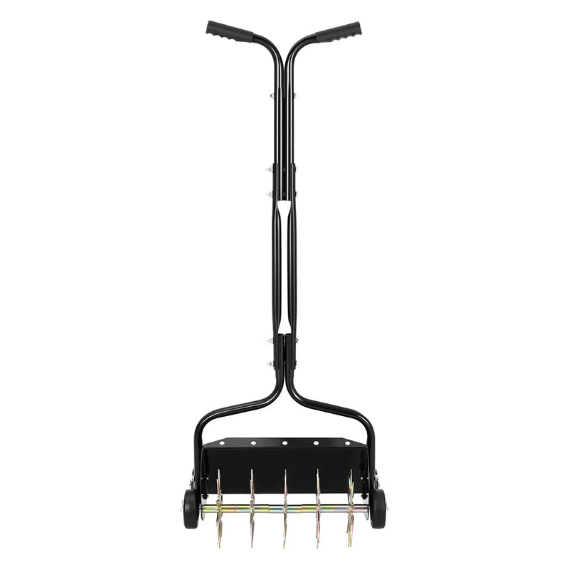 VEVOR zāliena aerators 45 cm manuāls stumjams ar 4 riteņiem un rokturi, ar iespēju pievienot līdz 18 kg svaru, izturīgs augsnes aerācijas instruments dārzam un zāliena kopšanai - ZEMLETES.LV