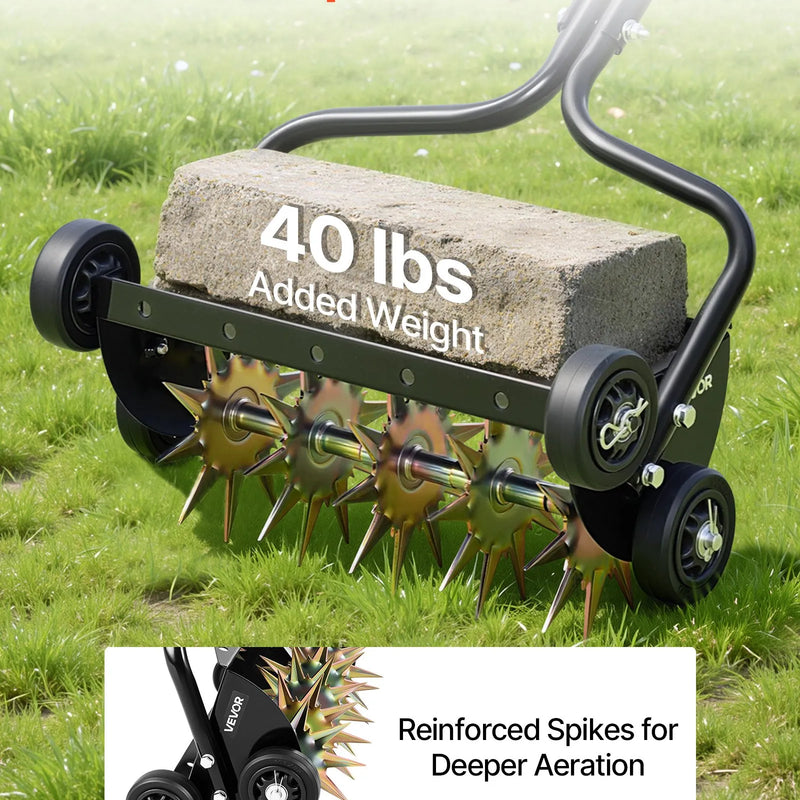 VEVOR zāliena aerators 45 cm manuāls stumjams ar 4 riteņiem un rokturi, ar iespēju pievienot līdz 18 kg svaru, izturīgs augsnes aerācijas instruments dārzam un zāliena kopšanai - ZEMLETES.LV