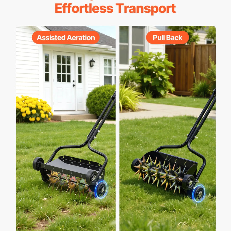 VEVOR zāliena aerators 45 cm manuāls stumjams ar 4 riteņiem un rokturi, ar iespēju pievienot līdz 18 kg svaru, izturīgs augsnes aerācijas instruments dārzam un zāliena kopšanai - ZEMLETES.LV