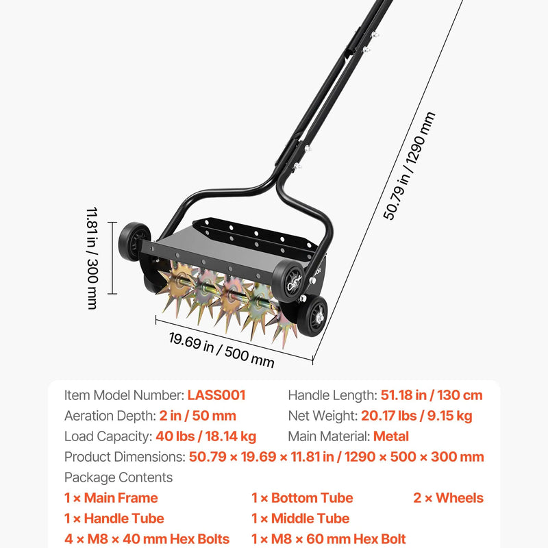 VEVOR zāliena aerators 45 cm manuāls stumjams ar 4 riteņiem un rokturi, ar iespēju pievienot līdz 18 kg svaru, izturīgs augsnes aerācijas instruments dārzam un zāliena kopšanai - ZEMLETES.LV