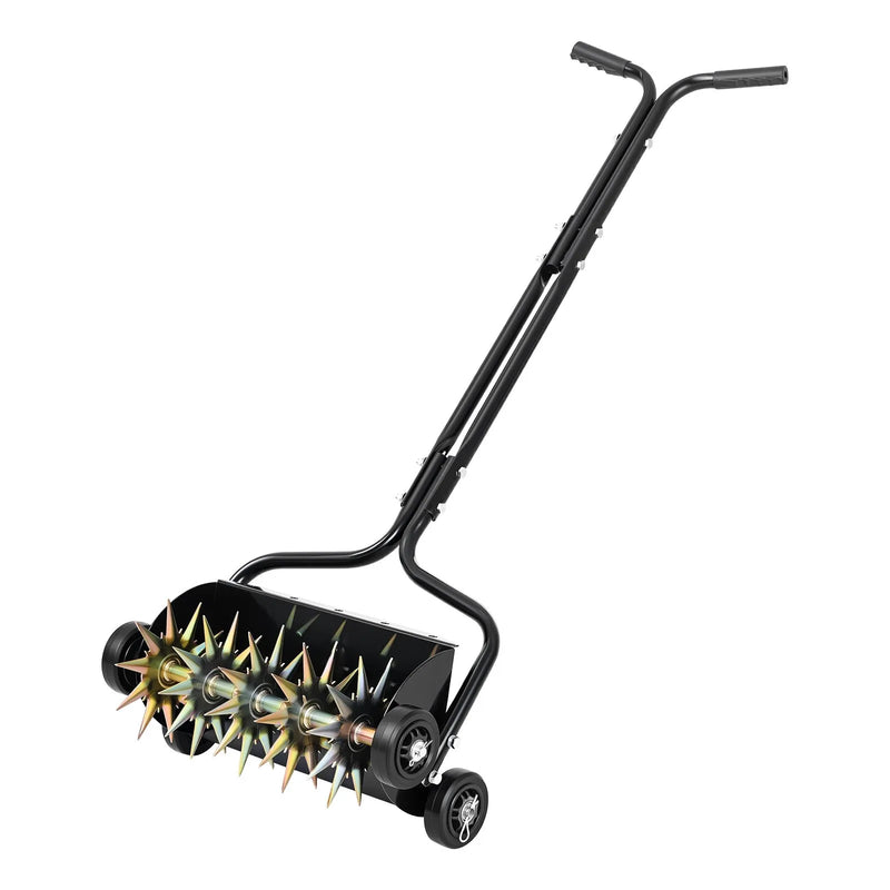 VEVOR zāliena aerators 45 cm manuāls stumjams ar 4 riteņiem un rokturi, ar iespēju pievienot līdz 18 kg svaru, izturīgs augsnes aerācijas instruments dārzam un zāliena kopšanai - ZEMLETES.LV